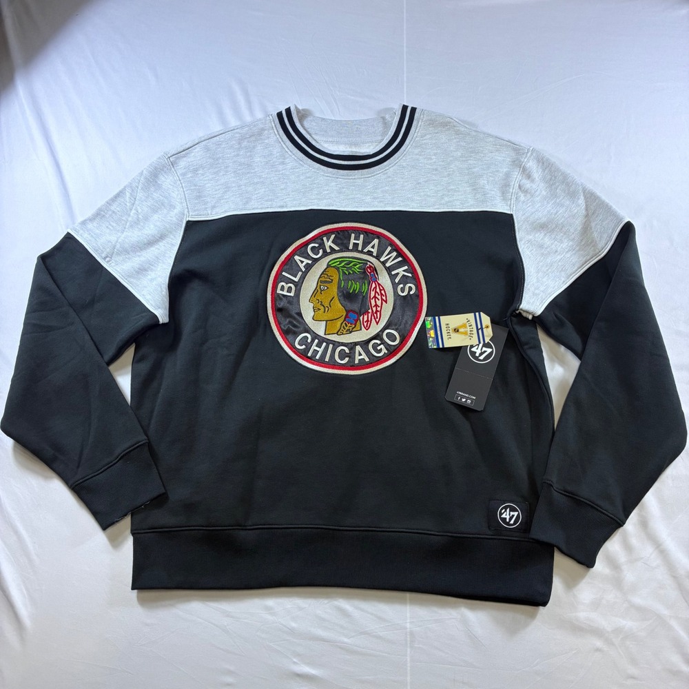 47 Brand Chicago Blackhawks NHL Vintage Hockey Sweatshirt Black Gray XL HV004PMB